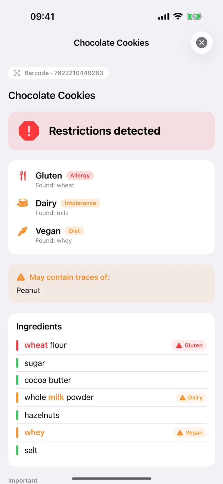 Zeyti showing a scanned product with its restrictions flagged